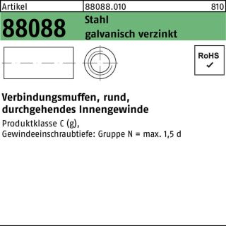 Verbindungsmuffe R 88088 rund IG M6x20x10 Stahl galv.verz. durchg. IG 100St.